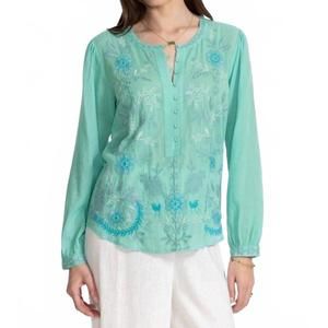 Johnny Was Aqua Embroidered Blouse